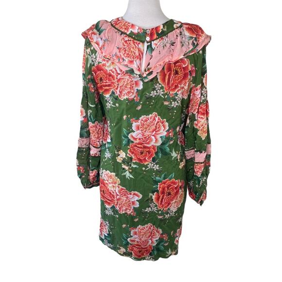 Farm Rio Anthropologie Elinor Tunic Dress Ruffles Long Sleeves Green Pink SMALL - Picture 3 of 14